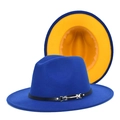 Detail of two-tone fedora hat in royal blue and lemon yellow with leather belt buckle - Royal Blue & Yellow