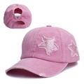 Pink distressed ponytail baseball cap with glittery star patches and velcro closure - Pink
