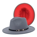Detail view of a two-tone wool fedora with gold buckle and red inner lining - Light Gray & Red
