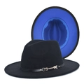 Detail of black wool fedora hat with royal blue contrast lining and gold metal buckle strap - Black+Royal Blue