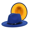 Detail of navy wool fedora with yellow interior lining and black leather band decoration - M(56-58cm) / Royal Blue & Yellow