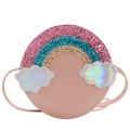 Pink round crossbody bag for girls with glitter rainbow and holographic clouds - Pink