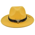 Detail of yellow wool fedora hat with ethnic woven band and silver bull head accessory - M (56-58cm) / Yellow