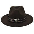 Close-up of brown wool fedora with ethnic band and silver bull head ornament - M (56-58cm) / Coffee