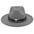 Close-up of a gray wool jazz hat featuring an ethnic woven band and silver bull head detail - M (56-58cm) / Gray