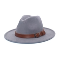 Classic grey felt fedora hat with a brown faux leather belt and metallic buckle detail - M (56-58cm) / Light Gray