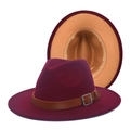 Detail view of burgundy wide-brim fedora hat with camel lining and buckled leather band - M (56-58cm) / Wine Red & Camel