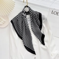 Fashionable black and white striped silk scarf with a camellia flower ornament - Striped Square Scarf / 70cm / Black