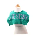Green knit pet scarf for dogs with pink Tuesday text on a white mannequin - S / Green Letter