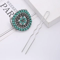 Vintage turquoise flower hair cuff with silver U-shaped metal pin in bohemian style - Turquoise Antique Silver