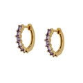 Elegant gold hoop earrings featuring rectangular purple zircon stones in a minimalist design - Purple Gold