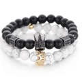 Frosted black stone and white turquoise crown bracelet set with micro-pave charms - Crown Black & White Gold Spacer Set (3 Gold+Black)