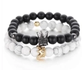 Couples crown bracelet set featuring black frosted beads and white turquoise marble stones - Crown Black & White Set (6)