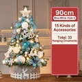 Blue and white 90cm mini Christmas tree with ornaments, lights and a white fence base - 90cm / Blue & White