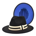 Détail du chapeau fedora en laine avec doublure bleue et ruban rayé - M (56-58cm) / Noir+Bleu Roi