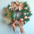 Ghirlanda natalizia con decorazioni oro champagne, lanterna retrò e fiocco in nastro a rete - 43cm Fiore Champagne (Con Luce)
