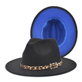Détail du chapeau fedora avec extérieur noir, doublure bleue et boucle motif léopard - M (56-58cm) / Noir+Bleu Roi