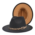 Détail du chapeau fedora en laine avec ruban léopard et doublure intérieure kaki - M (56-58cm) / Noir & Camel