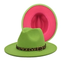 Détail du chapeau Fedora en laine verte avec doublure fuchsia et ruban léopard à boucle - M (56-58cm) / Vert Fruit & Rose Rouge