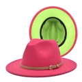 Detail of wool fedora with rose red exterior, green lining, and brown leather belt - Rose Red & Fruit Green