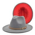 Two-tone wool felt fedora hat in grey and red with leather belt and metal buckle detail - Light Gray & Red