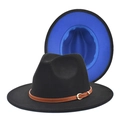 Detailed view of bicolor fedora wool hat with black crown and vibrant blue brim lining - M (56-58cm) / Black+Royal Blue