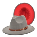 Detail of two-tone wool fedora with red lining and studded brown leather hat band - Light Grey and Red