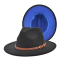 Detail of wool fedora with brown leather band, metallic buckle and blue brim lining - Black and Royal Blue