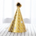 Golden honeycomb pattern party hat with plush pompom on checkered tablecloth decoration - White Hexagon Pattern