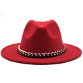 Detail view of red fedora hat featuring a chunky gold and black chain link band accessory - Red