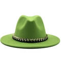 Detail of neon green wool fedora hat featuring a chunky gold chain and black band accent - Green