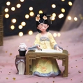 Traditional Hanfu girl figurine in yellow resin sitting and drawing by a bonsai - 808-10 Lady Painting Style