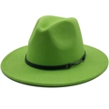 Detail of neon green wool fedora hat with black leather band and metal buckle - Green