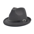 Detail of dark grey wool fedora hat featuring black leather band and silver metal buckle - M (56-58cm) / Dark Gray