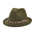 Detail of army green wool fedora hat featuring leopard print band and gold buckle - M (56-58cm) / Army Green