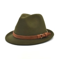 Detailed view of olive green wool fedora with brown suede band and metal buckle - M (56-58cm) / Army Green