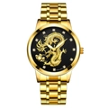 Golden quartz watch with dragon pattern relief and crystal markers on black dial - Black Dial Gold Case Gold Band