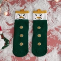 Festive green Christmas socks with 3D snowman pattern and yellow pom-pom cuffs - One Size / Standard / Green Snowman