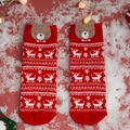 Red Christmas socks with reindeer patterns and 3D plush bear decorative elements - One Size / Standard / Elk Brown Bear