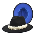 Detail of wool fedora with pearl band decoration and vibrant cobalt blue lining - M (56-58cm) / Black+Royal Blue
