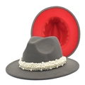 Detail of grey wool fedora with red brim interior and elegant pearl bead hatband - M (56-58cm) / Light Gray & Red