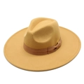 Classic mustard yellow wool fedora hat with a wide brim and brown ribbon bow decoration - M(56-58cm) / Camel