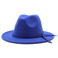 Detail view of Klein blue wool fedora hat with a matching ribbon and flat wide brim - M (56-58cm) / Sapphire Blue