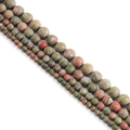 Strands of natural frosted Unakite stone beads in mottled green and pink colors - Frosted Unakite