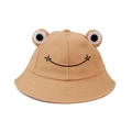 Detail view of khaki children frog bucket hat featuring cute 3D ears and smiley face - Adult / Khaki