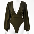Women's deep V-neck long sleeve bodysuit in olive green with ruched waist detail - Army Green
