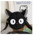 Cute black plush cat-shaped crossbody bag made of soft lamb wool with adjustable strap - Black
