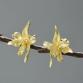 Matte gold orchid flower stud earrings handcrafted in S925 sterling silver for women - Gold