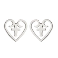 Silver heart-shaped stud earrings with inner cross detail in minimalist stainless steel - Heart Cross / Steel