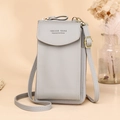 Minimalist light grey leather crossbody cell phone bag with Forever Young text and gold hardware - Gray
